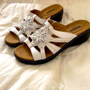 Clarks white slip on sandals